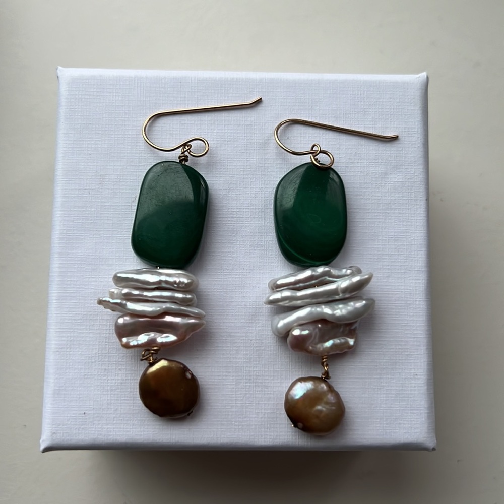 Chrysopase Fresh Water Pearl Earrings NEW with Vermeil Gold Hooks